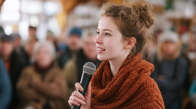 The Role Of Inclusive Content In Building Loyal Audiences Young speaker holding a microphone at a small event, blurred audience in the background