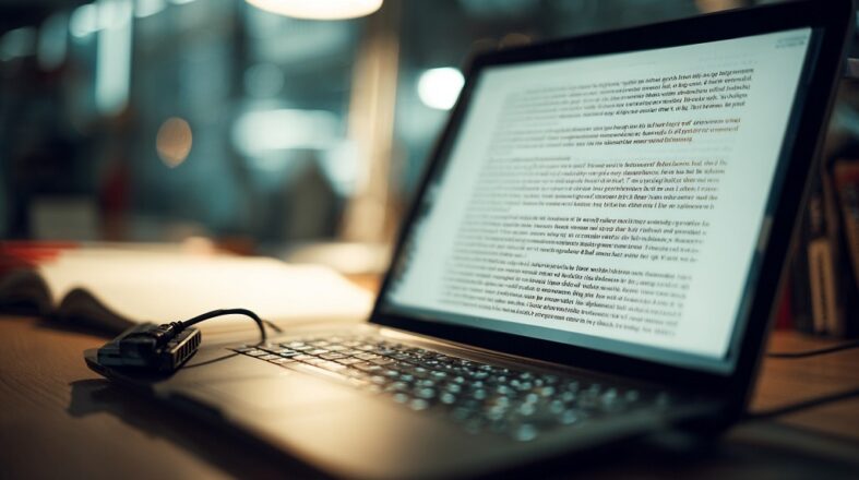 The Role Of Inclusive Content In Building Loyal Audiences Open laptop with blurred text on the screen and a screen reader device connected, indoor work environment