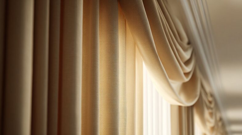 Interior Design Tips: 10 Easy Upgrades That Make a Home Look Expensive Elegant beige curtains hanging to the floor, softly illuminated by natural light coming through the window