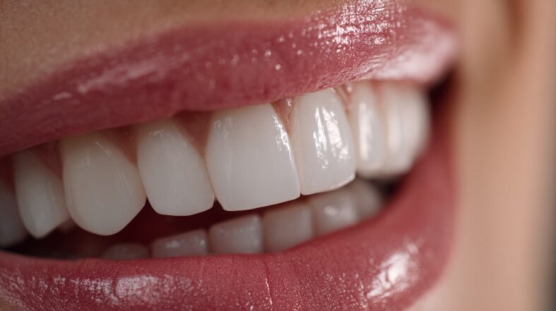 Close-up side view of a natural looking bright smile with smooth white teeth and glossy lips