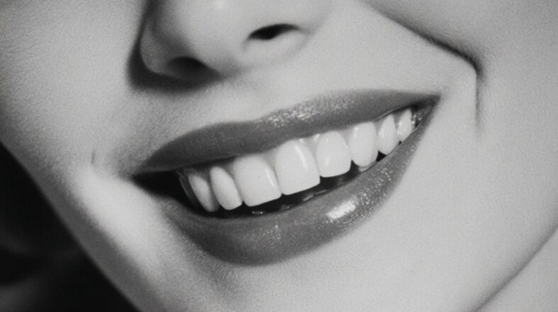 Black and white close-up of a smiling mouth with bright teeth and glossy lips