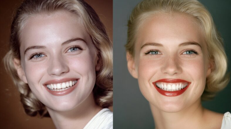 Split portrait of a smiling woman with bright teeth shown in two polished beauty looks