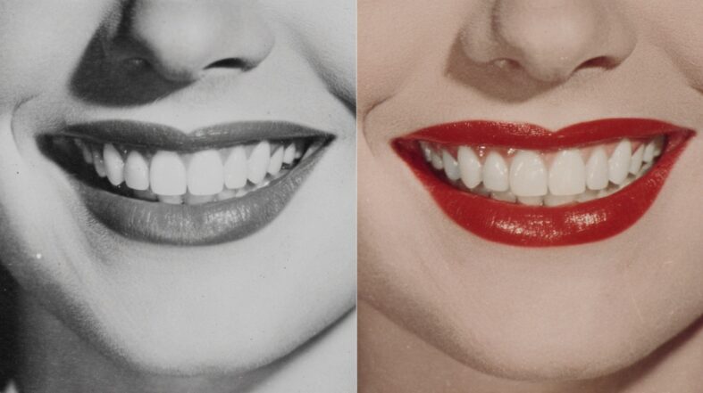 Split image of classic black and white smile and modern red lipstick smile showing bright teeth
