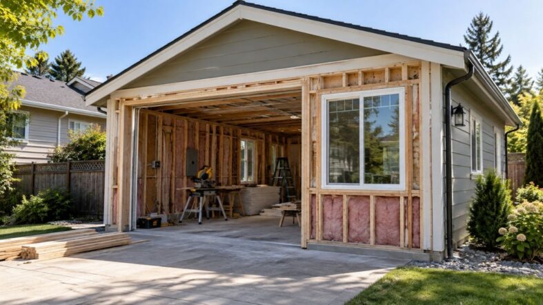Garage Conversion 101: What to Sort Out Before You Start Suburban American garage undergoing conversion into living space with exposed framing, insulation and a new window