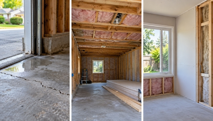 Garage Conversion 101: What to Sort Out Before You Start Three-panel view of garage conversion checks showing a cracked slab, ceiling insulation and an egress window.