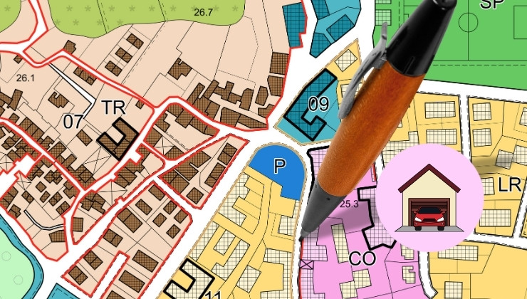 Garage Conversion 101: What to Sort Out Before You Start Zoning map with residential parcels and garage icon illustrating local rules for garage conversions.